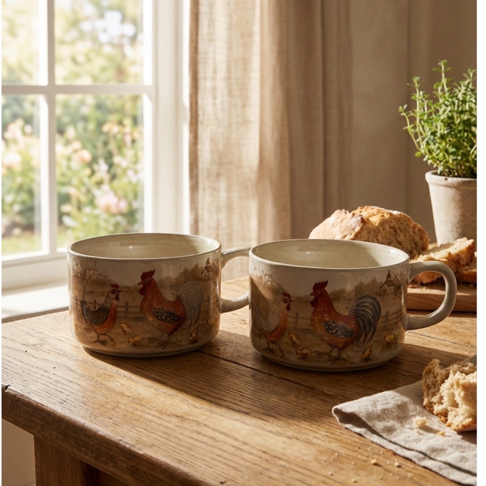 Vintage Otagiri Rooster & Hen Ceramic Soup Mug: Farmhouse Kitchen Decor